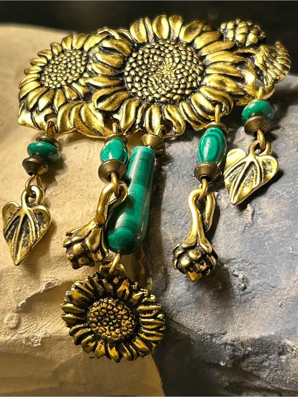 Vintage Sunflower Dangle Brooch with Green Beads either Malachite or glass pin